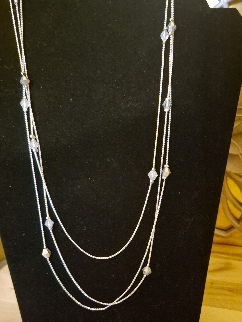 Layered Silver-Tone Multi-Strand Necklace with Clear Crystal Beads